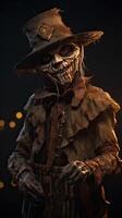 porträtt av gammal fruktansvärd scarecrow i mörk dölja och smutsig hatt står. halloween begrepp. generativ ai. foto
