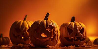 skrämmande pumpa Pumpalykta med kuslig toothy leende och eldig glöd inuti realistisk illustration. traditionell dekoration, symbol av halloween Semester firande. generativ ai. foto