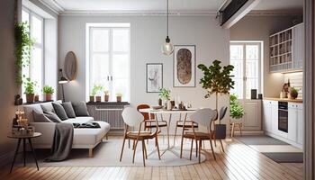 interiör design av modern lägenhet, levande rum och dining rum. Hem design . ai genererad foto