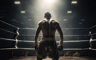 boxning mästare stående på arena. bak- se av bar överkropp man i boxning handskar. muskulös bygga begrepp. generativ ai. foto