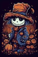 söt tecknad serie scarecrow halloween. illustration av en fågelskrämma. kan vara Begagnade för t-shirt grafik, skriva ut. vektor illustration. generativ ai. foto