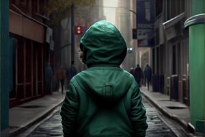 person i en grön jacka gående ner en gata. generativ ai. foto