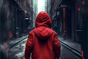 person i en röd jacka gående ner en gata. generativ ai. foto