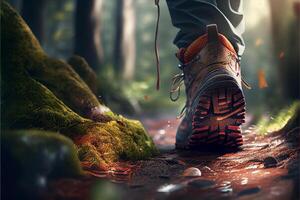 person gående på en spår i de skogen. generativ ai. foto