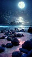 strand fylld med massor av stenar under en full måne. generativ ai. foto