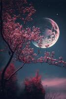 rosa träd med en full måne i de bakgrund. generativ ai. foto