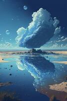 målning av en stor moln över en kropp av vatten. generativ ai. foto