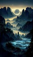 målning av en berg landskap på natt. generativ ai. foto