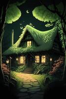 hus i de mitten av en skog på natt. generativ ai. foto
