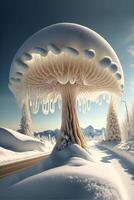 stor svamp tycka om strukturera i de mitten av en snöig landskap. generativ ai. foto