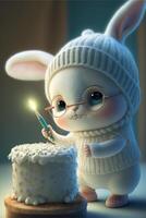 tecknad serie kanin innehav en belyst ljus Nästa till en kaka. generativ ai. foto