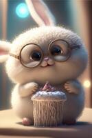 tecknad serie kanin med glasögon innehav en cupcake. generativ ai. foto