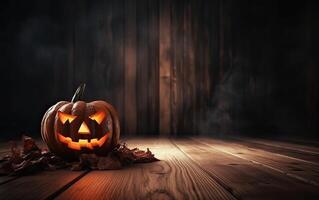 läskigt halloween pumpa, domkraft o lykta, med ett ondska ansikte och ögon på en trä- bänk, tabell med en dimmig natt bakgrund med Plats för produkt placering. generativ ai. foto