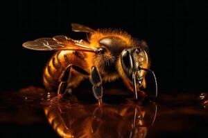 solo- honung bi lyser mot en mörk bakgrund, avslöjande bra detaljer. generativ ai foto