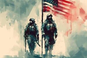 elit oss särskild krafter soldat står stolt innan en flagga, uppfyllande de fallen. generativ ai foto