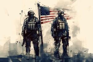 elit oss särskild krafter soldat står stolt innan en flagga, uppfyllande de fallen. generativ ai foto