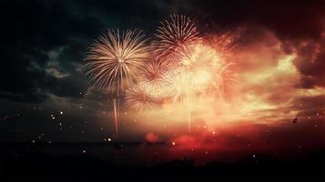 exploderande fyrverkeri scen bakgrund på natt, för firande begrepp, generera ai foto
