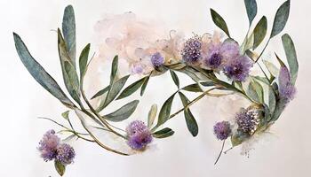 exceptionell lavendel- blommor och eukalyptus grenar isolerat på vit, blommig krans, vattenfärg illustration. generativ ai foto