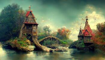 underbar fe- hus på de flod och trä- bro, fotomanipulation, 3d redering, detaljerad, färgad. generativ ai foto