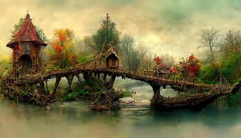 underbar fe- hus på de flod och trä- bro, fotomanipulation, 3d redering, detaljerad, färgad. generativ ai foto