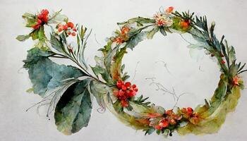 vattenfärg jul blommig krans, hand dragen botanisk vinter- växter. generativ ai foto