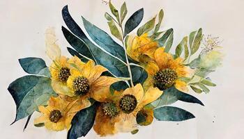 exceptionell solros och eukalyptus löv bukett vattenfärg, digital illustration målning konstverk. generativ ai foto