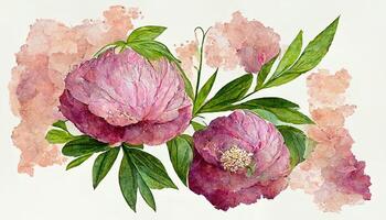 vattenfärg blommor ClipArt, rosa pion, reste sig blomma, hortensia och eukalyptus löv. generativ ai foto