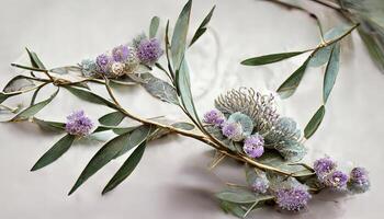 förvånande lavendel- blommor och eukalyptus grenar isolerat på vit, blommig krans. generativ ai foto