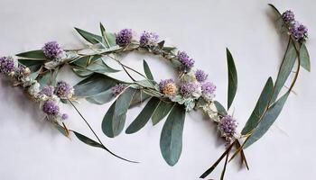 lavendel- blommor och eukalyptus grenar isolerat på vit, blommig krans. generativ ai foto