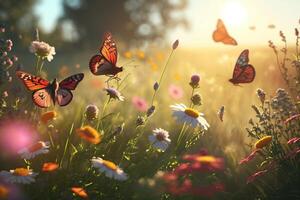 fjärilar flyga över fält färgrik blommor på en solig dag, tapet. ai genererad. foto