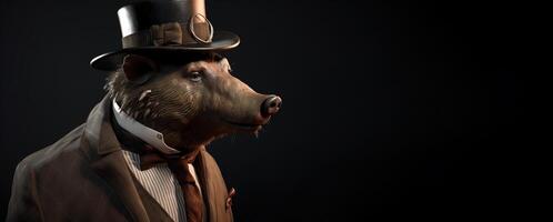 herre, chef vild vildsvin, gris i hatt, kostym och slips. baner rubrik. ai genererad. foto