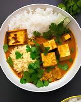 ai generativ en skål av mat med tofu och ris och en grön blad på de sida. foto