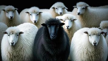 en svart får omge med vanligt vit får liknelse till vara utestående eller unik. foto