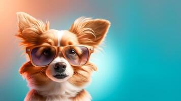 skön söt hund valp är bär solglasögon på lutning bakgrund med kopia Plats. begrepp av sommar semester, hav tillflykt, högtider. annons av solglasögon. generativ ai foto