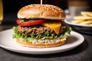 närbild av gott hamburgare med ost och grönsaker på svart bakgrund. generativ ai foto