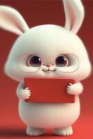 vit kanin med glasögon innehav en röd bok. generativ ai. foto
