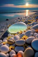 glas skål Sammanträde på topp av en klippig strand. generativ ai. foto