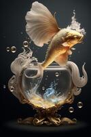 guldfisk Hoppar ut av en fisk skål. generativ ai. foto