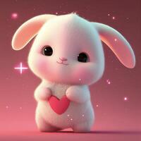 tecknad serie kanin innehav en hjärta på en rosa bakgrund. generativ ai. foto
