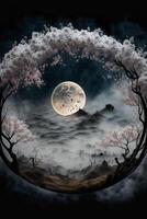 målning av en full måne med träd i de förgrund. generativ ai. foto