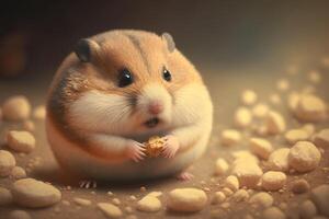 en knubbig hamster fyllning dess kinder med mat, med dess mycket liten tassar gripande de pellets. ai genererad foto