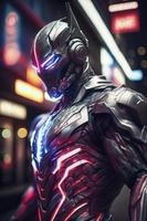 mycket realistisk detaljerad invecklad ser ultraman bär vibranium rustning kostym med suddig neon lampor på natt på bakgrund, generera ai foto