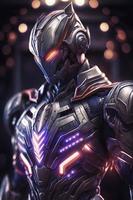 mycket realistisk detaljerad invecklad ser ultraman bär vibranium rustning kostym med suddig neon lampor på natt på bakgrund, generera ai foto