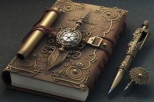 en anteckningsbok och en penna till skriva , steampunk foto