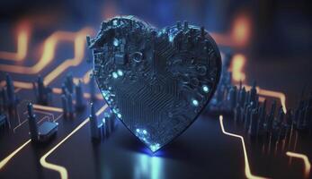 blå hjärta formad som dator krets styrelse. efterproduktion generativ ai digital illustration. foto