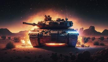 armerad tank går över en mina fält under krig invasion episk scen av brand och några i de öken, bred affisch design med kopia Plats område, generera ai foto