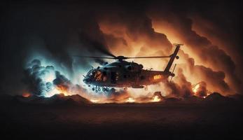 militär chopper går över går över brand och rök i de öken, bred affisch design med kopia Plats område, generera ai foto