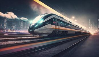 hög hastighet tåg på station och suddig stadsbild på natt på bakgrund. efterproduktion generativ ai digital illustration av icke existerande tåg modell. foto