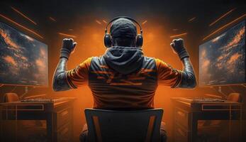 professionell e-sport gamer gläds i de seger i orange spel rum. obefintlig person i generativ ai digital illustration. foto