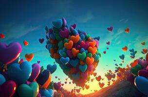 färgrik hjärta form ballong med blå himmel. hjärtans dag bakgrund med hjärta formad ballonger. generativ ai. foto